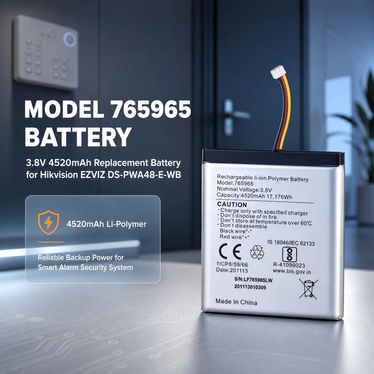 Home Security Battery Replacement - 765965, 4520mAh Li-Polymer yedek pil, Hikvision